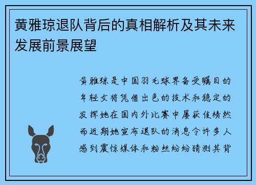 黄雅琼退队背后的真相解析及其未来发展前景展望