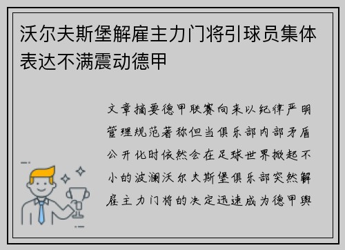 沃尔夫斯堡解雇主力门将引球员集体表达不满震动德甲 沃尔夫斯堡解雇主力门将引球员集体表达不满震动德甲